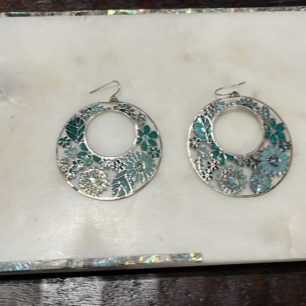 Sage green and dark green floral hoop silver pierced earrings  2”